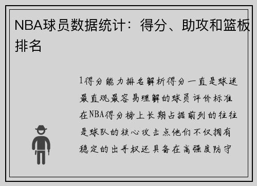 NBA球员数据统计：得分、助攻和篮板排名